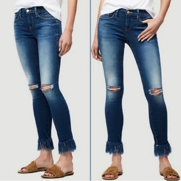 Frame Le Skinny De Jeanne fringe ankle jeans ripped denim distressed 27 4 - Picture 3 of 8